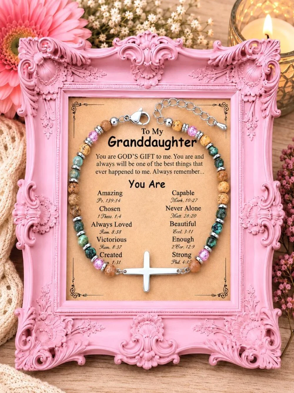 Granddaughter Beaded Cross Bracelet, Inspirational Christian Bible Verse Gift
